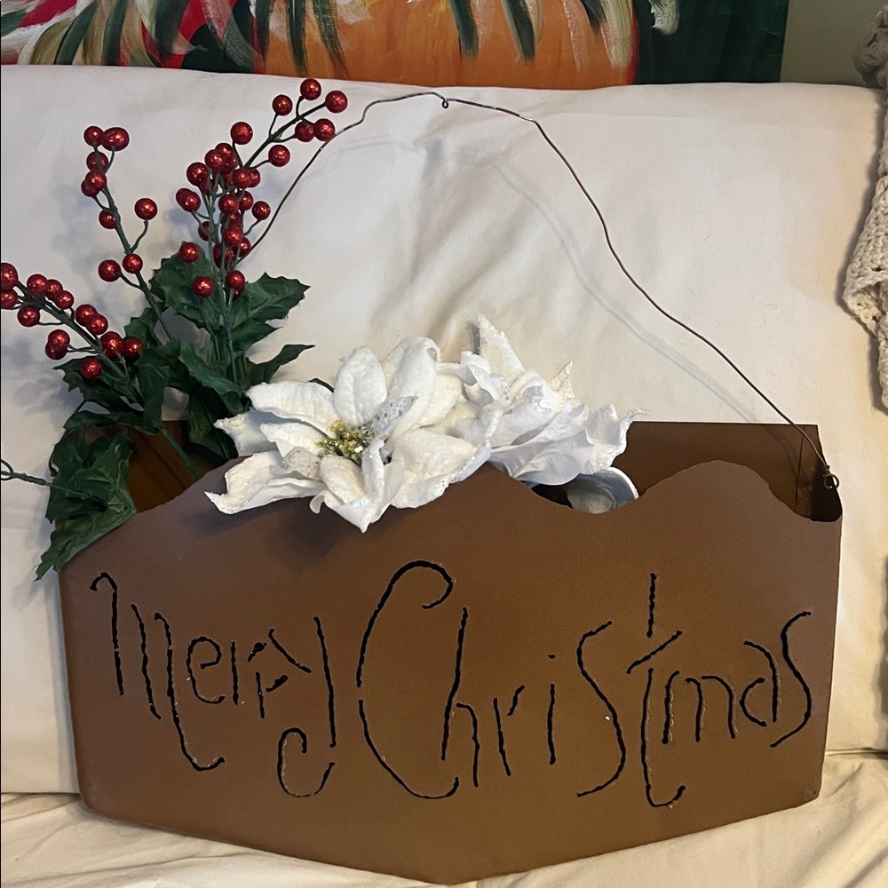 Rustic Metal Merry Christmas "Basket" for Floral Arrangements